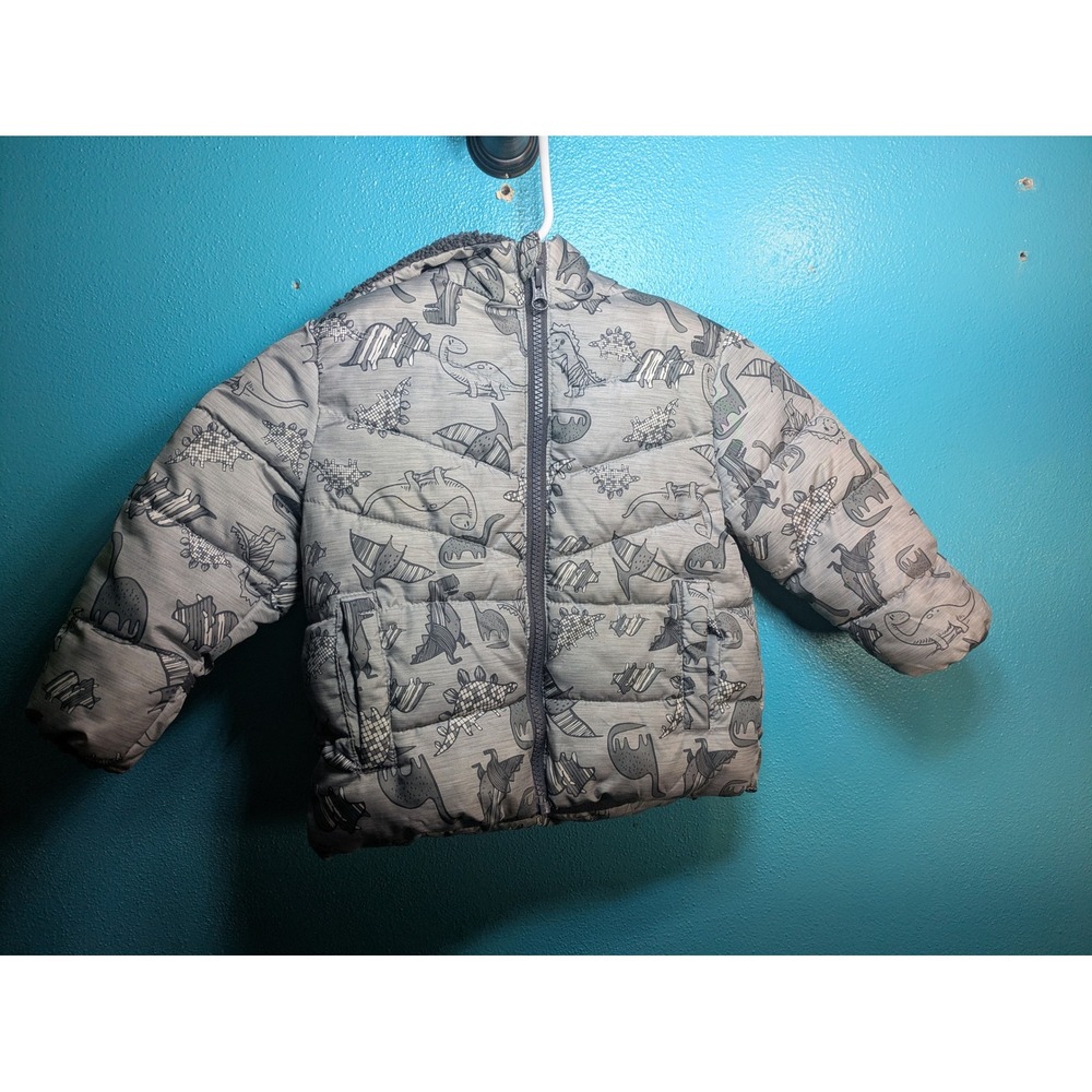 Swiss Tech Toddler Boys Grey Dinosaur Print Puffer Jacket Sherpa Hood 18M